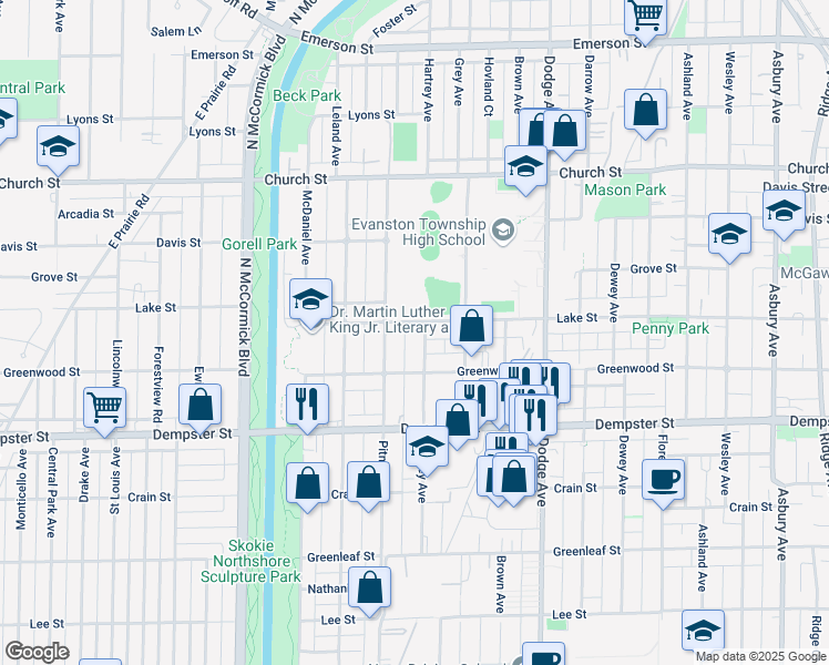 map of restaurants, bars, coffee shops, grocery stores, and more near 1423 Hartrey Avenue in Evanston