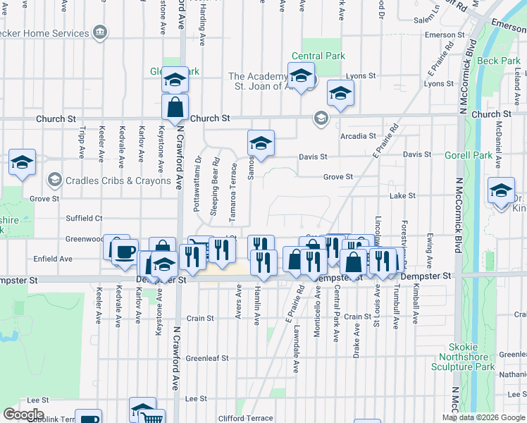 map of restaurants, bars, coffee shops, grocery stores, and more near 8931 Samoset Trail in Skokie