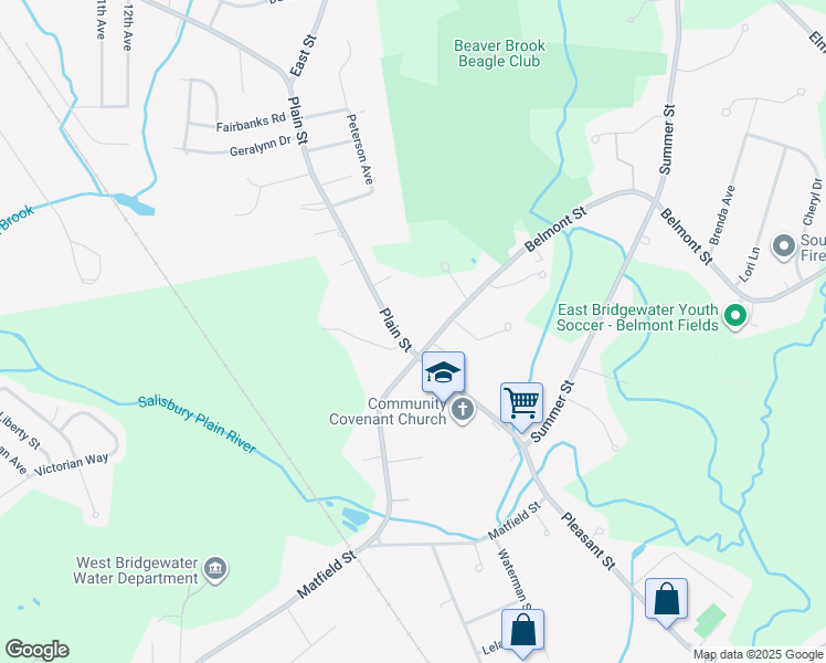 map of restaurants, bars, coffee shops, grocery stores, and more near 17 Plain Street in West Bridgewater