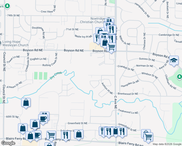map of restaurants, bars, coffee shops, grocery stores, and more near 637 Broderick Drive Northeast in Cedar Rapids