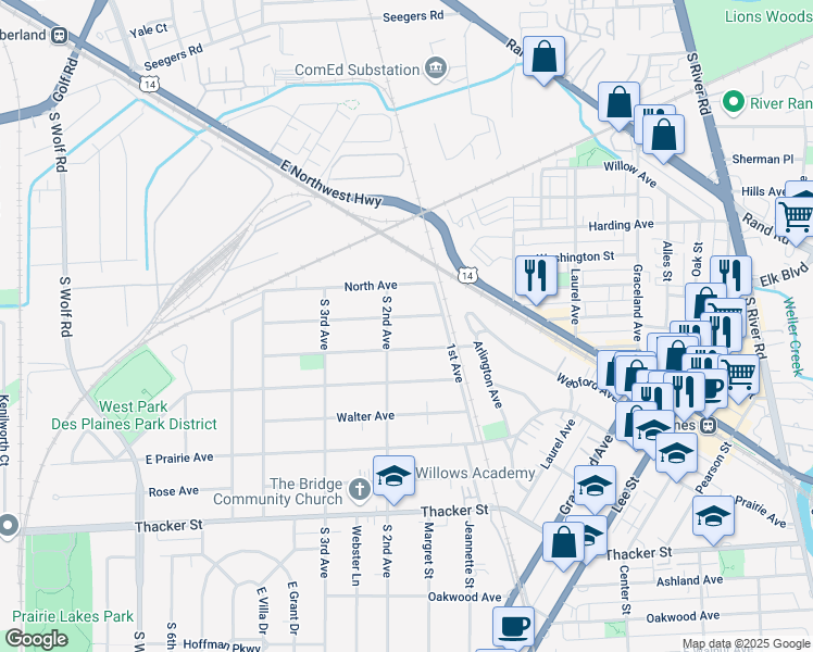 map of restaurants, bars, coffee shops, grocery stores, and more near 1028 Woodlawn Avenue in Des Plaines