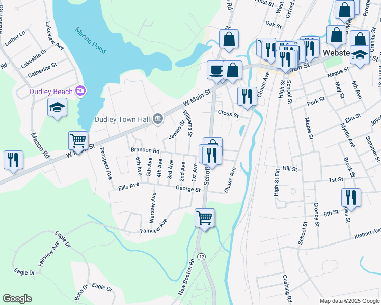map of restaurants, bars, coffee shops, grocery stores, and more near 26 Brandon Road in Dudley
