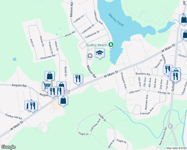 map of restaurants, bars, coffee shops, grocery stores, and more near 128 West Main Street in Dudley