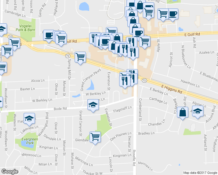 map of restaurants, bars, coffee shops, grocery stores, and more near 0 Evanston Street in Hoffman Estates