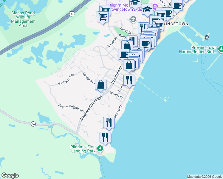 map of restaurants, bars, coffee shops, grocery stores, and more near 30 West Vine Street in Provincetown