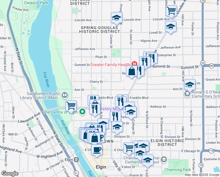 map of restaurants, bars, coffee shops, grocery stores, and more near 317 Center Street in Elgin