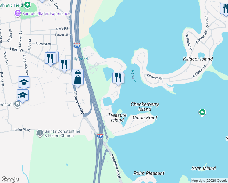 map of restaurants, bars, coffee shops, grocery stores, and more near 14 Cedar Drive in Webster