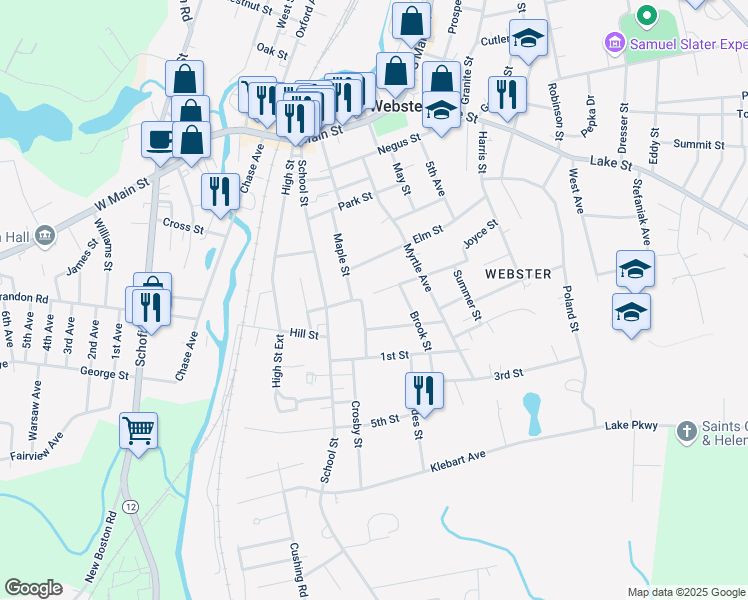 map of restaurants, bars, coffee shops, grocery stores, and more near 7 Mount Pleasant Street in Webster