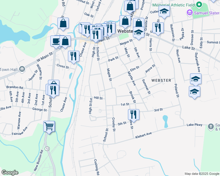 map of restaurants, bars, coffee shops, grocery stores, and more near 405 School Street in Webster