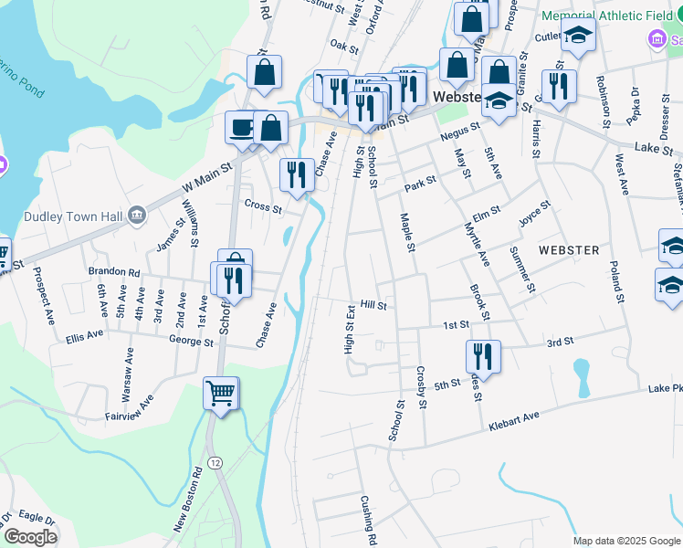 map of restaurants, bars, coffee shops, grocery stores, and more near 7 Carter Street in Webster