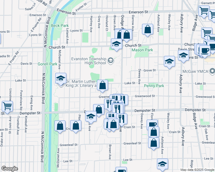 map of restaurants, bars, coffee shops, grocery stores, and more near 1419A Brown Avenue in Evanston
