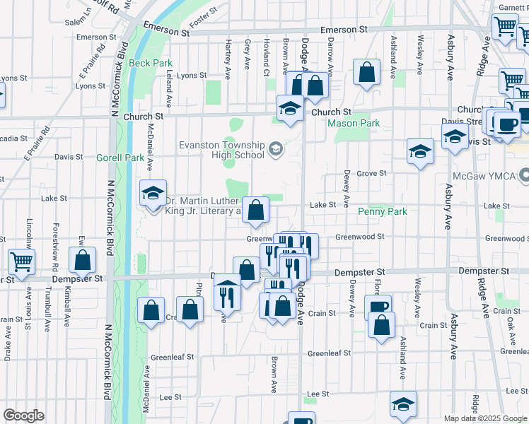 map of restaurants, bars, coffee shops, grocery stores, and more near 1419 Grey Avenue in Evanston