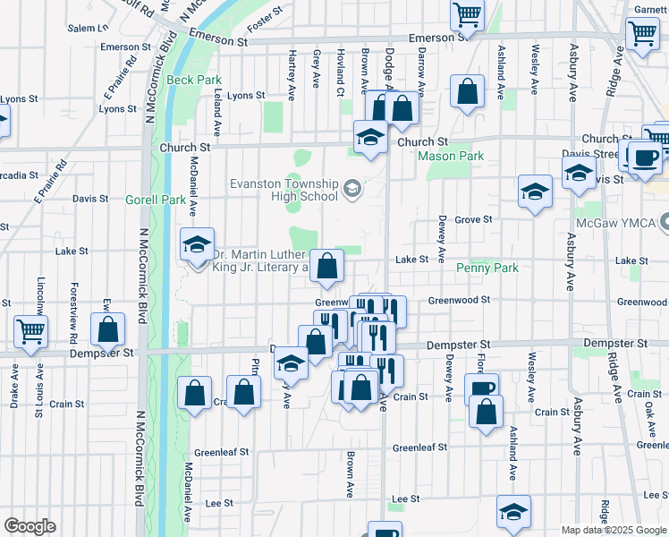 map of restaurants, bars, coffee shops, grocery stores, and more near 1419 Grey Avenue in Evanston