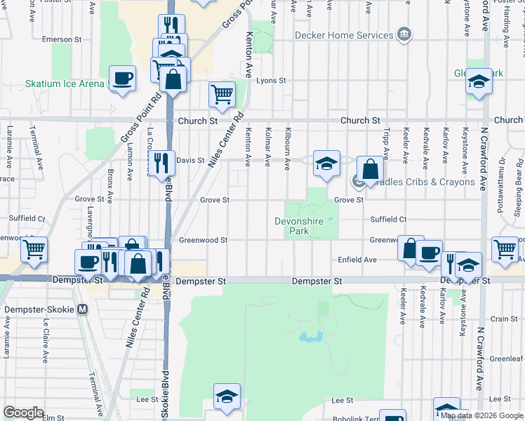 map of restaurants, bars, coffee shops, grocery stores, and more near 8930 Kolmar Avenue in Skokie
