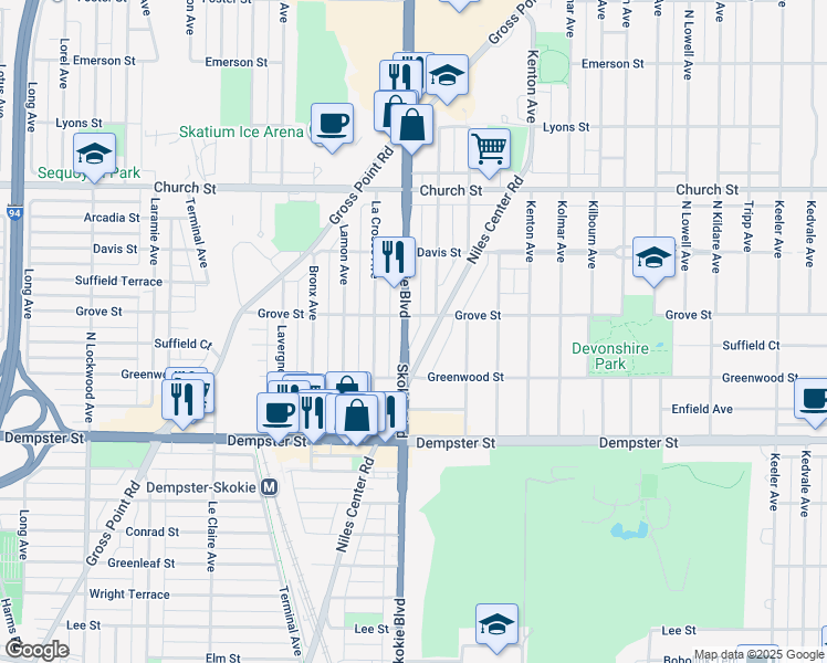 map of restaurants, bars, coffee shops, grocery stores, and more near 8929 Skokie Boulevard in Skokie