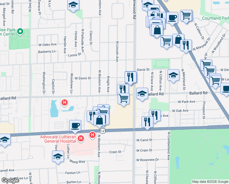 map of restaurants, bars, coffee shops, grocery stores, and more near 8703 Ballard Road in Des Plaines