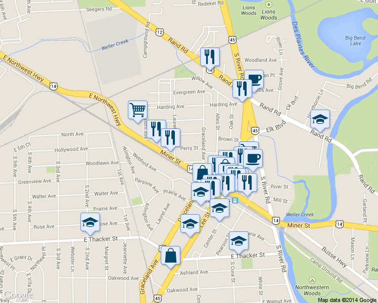 map of restaurants, bars, coffee shops, grocery stores, and more near 1300 Jefferson Street in Des Plaines