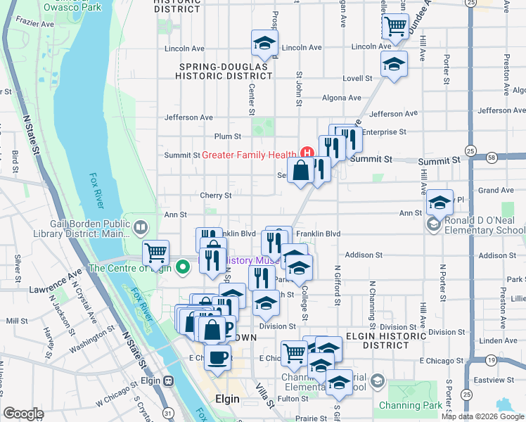 map of restaurants, bars, coffee shops, grocery stores, and more near 317 Center Street in Elgin