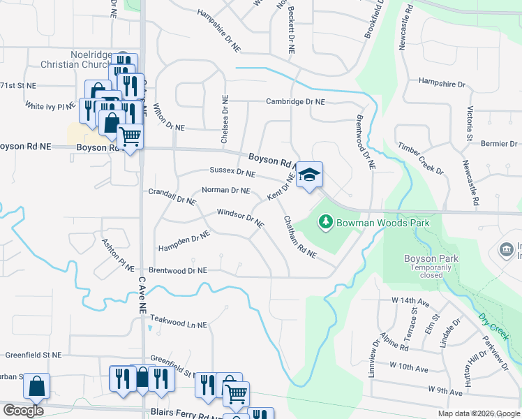 map of restaurants, bars, coffee shops, grocery stores, and more near 265 Windsor Drive Northeast in Cedar Rapids