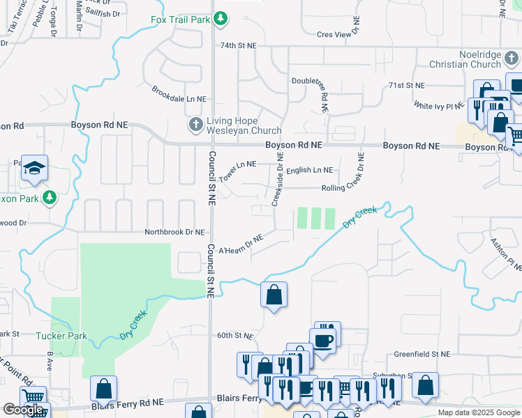 map of restaurants, bars, coffee shops, grocery stores, and more near 1200 Murray Street Northeast in Cedar Rapids