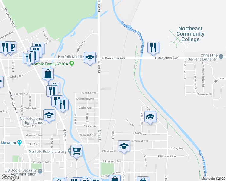 map of restaurants, bars, coffee shops, grocery stores, and more near 108 Gold Strike Drive in Norfolk