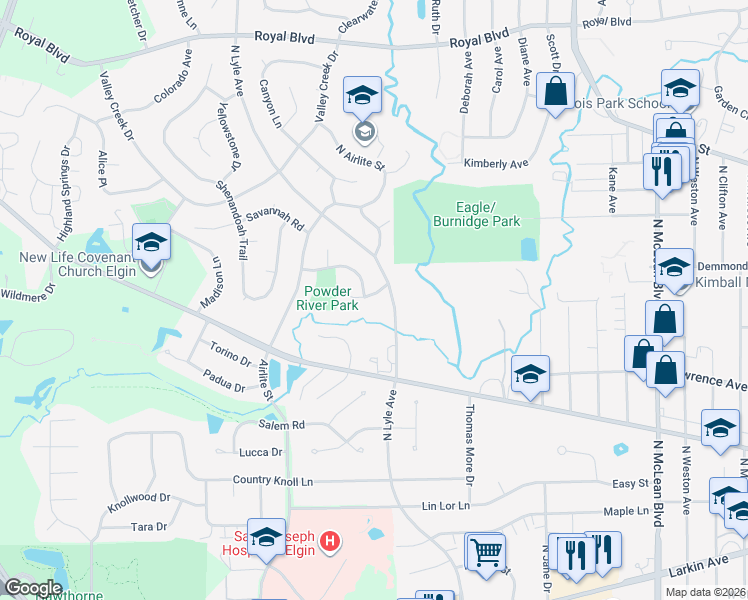 map of restaurants, bars, coffee shops, grocery stores, and more near 1901 Portage Way in Elgin