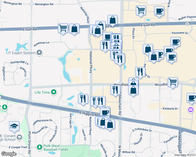 map of restaurants, bars, coffee shops, grocery stores, and more near in Schaumburg