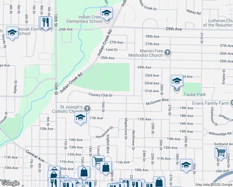map of restaurants, bars, coffee shops, grocery stores, and more near 1775 Country Club Drive in Marion
