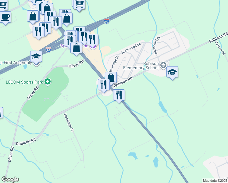 map of restaurants, bars, coffee shops, grocery stores, and more near 8228 Peach St in Erie