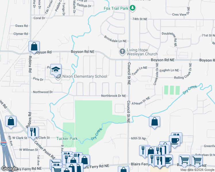 map of restaurants, bars, coffee shops, grocery stores, and more near 6523 Medford Lane Northeast in Cedar Rapids