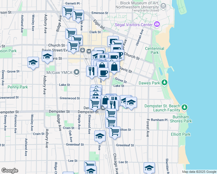 map of restaurants, bars, coffee shops, grocery stores, and more near 1420 Chicago Avenue in Evanston