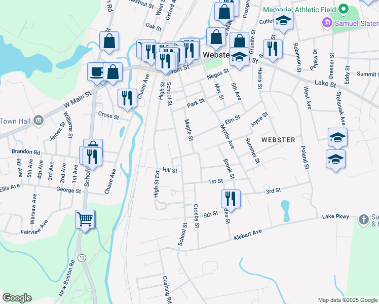 map of restaurants, bars, coffee shops, grocery stores, and more near 7 Boyden Street in Webster