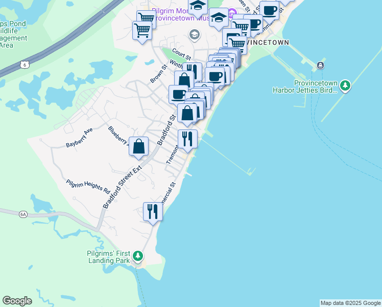 map of restaurants, bars, coffee shops, grocery stores, and more near 89 Commercial Street in Provincetown