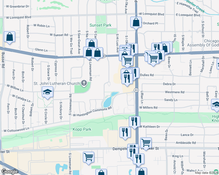 map of restaurants, bars, coffee shops, grocery stores, and more near 1101 Hunt Club Drive in Mount Prospect