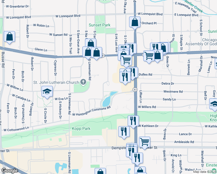 map of restaurants, bars, coffee shops, grocery stores, and more near 1101 Hunt Club Drive in Mount Prospect