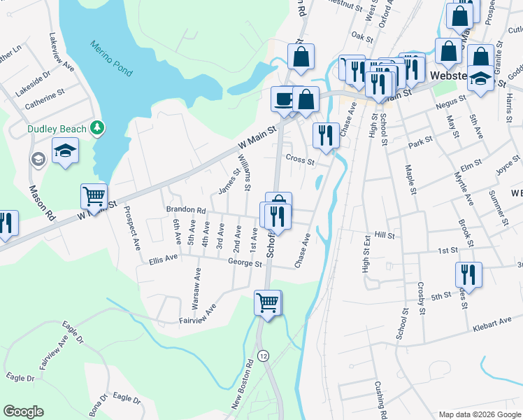 map of restaurants, bars, coffee shops, grocery stores, and more near 40 Schofield Avenue in Dudley