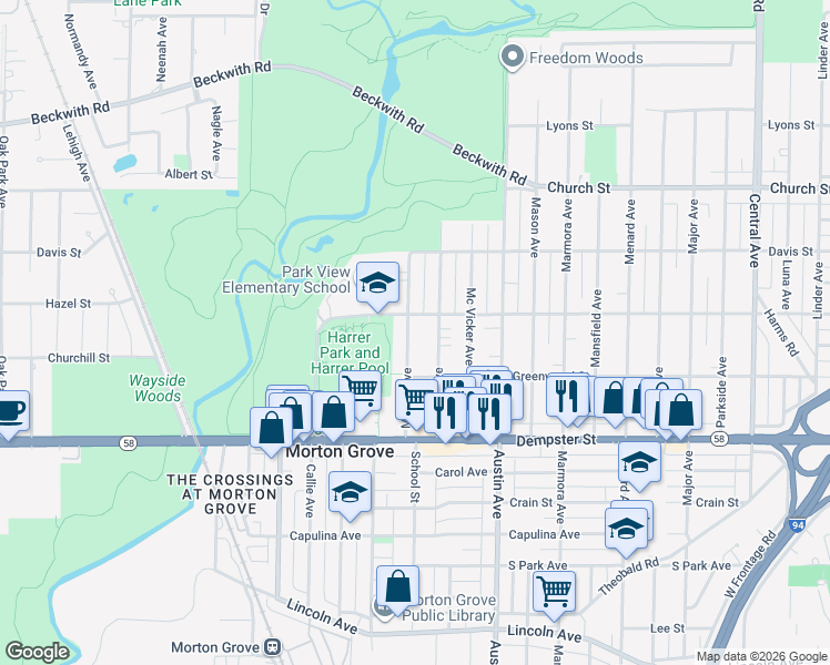 map of restaurants, bars, coffee shops, grocery stores, and more near 8920 Moody Avenue in Morton Grove