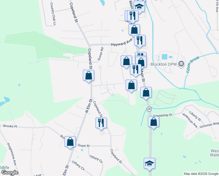 map of restaurants, bars, coffee shops, grocery stores, and more near 2013 North Main Street in Brockton