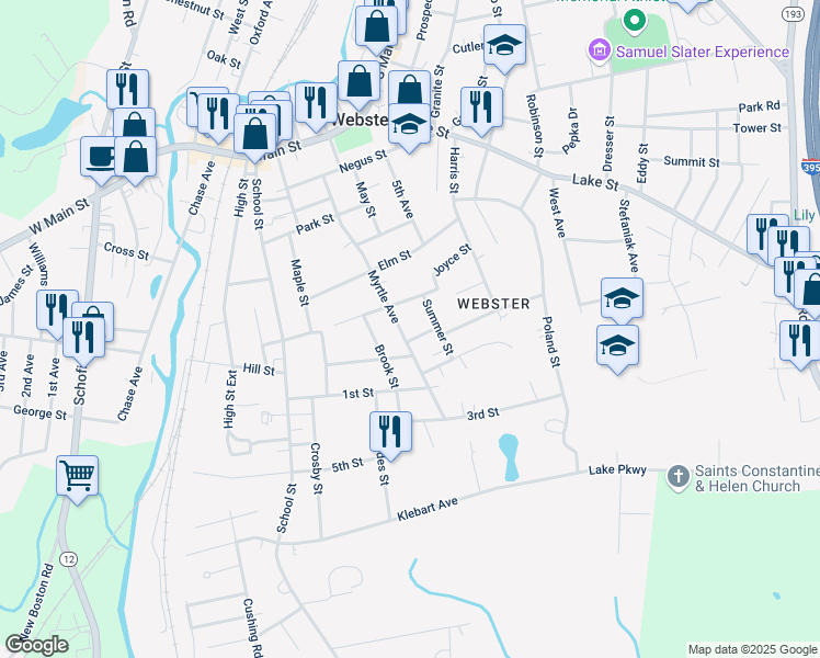 map of restaurants, bars, coffee shops, grocery stores, and more near 72 Myrtle Avenue in Webster