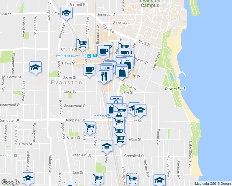 map of restaurants, bars, coffee shops, grocery stores, and more near 1420 Chicago Avenue in Evanston