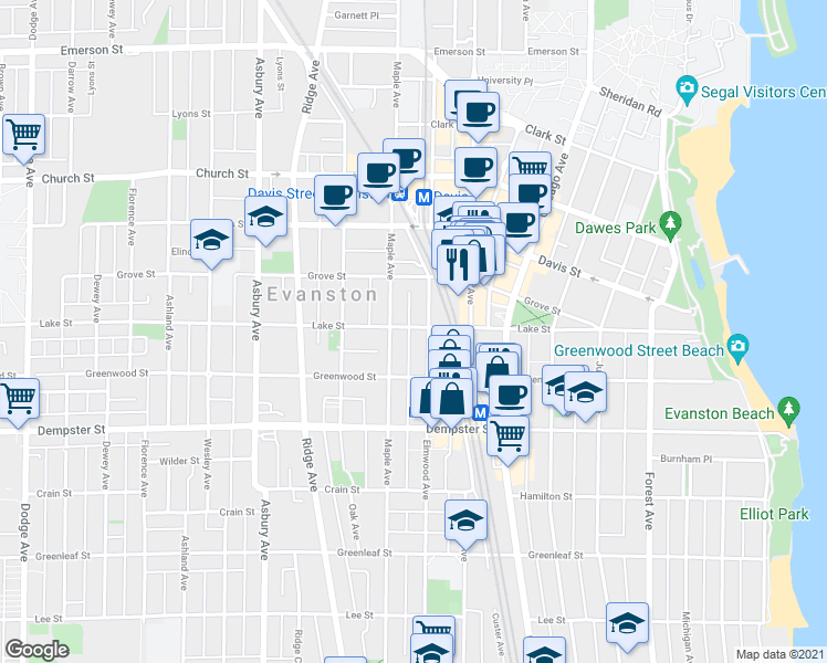 map of restaurants, bars, coffee shops, grocery stores, and more near 1422 Elmwood Avenue in Evanston
