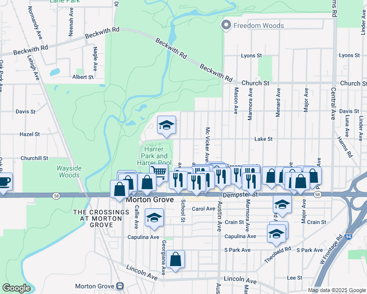 map of restaurants, bars, coffee shops, grocery stores, and more near 8920 Moody Avenue in Morton Grove