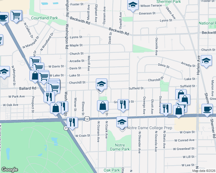 map of restaurants, bars, coffee shops, grocery stores, and more near 7655 Suffield Street in Morton Grove