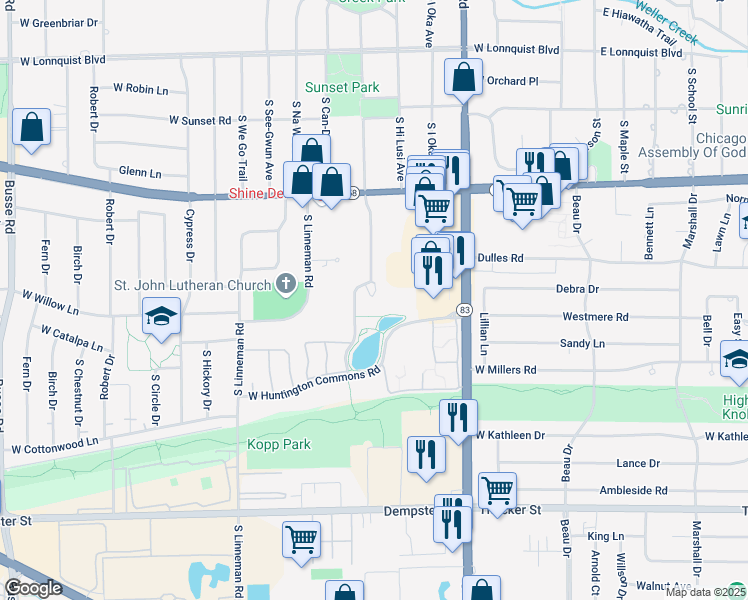 map of restaurants, bars, coffee shops, grocery stores, and more near 1101 Hunt Club Drive in Mount Prospect