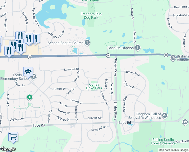 map of restaurants, bars, coffee shops, grocery stores, and more near 1317 Leawood Drive in Elgin