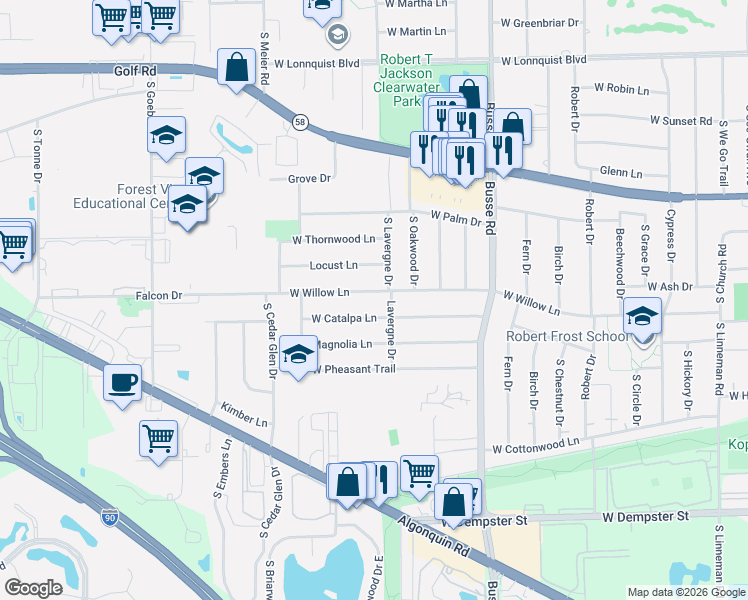 map of restaurants, bars, coffee shops, grocery stores, and more near 1810 West Catalpa Lane in Mount Prospect