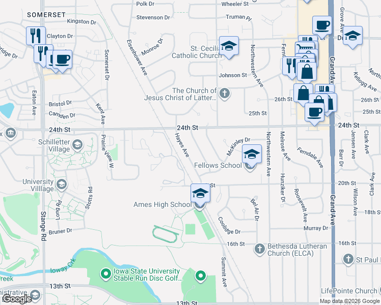 map of restaurants, bars, coffee shops, grocery stores, and more near 2201 Hayes Avenue in Ames