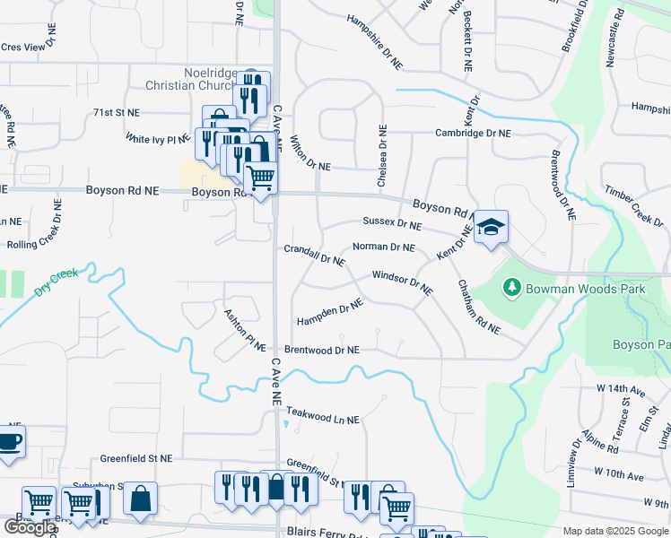 map of restaurants, bars, coffee shops, grocery stores, and more near 339 Crandall Drive Northeast in Cedar Rapids