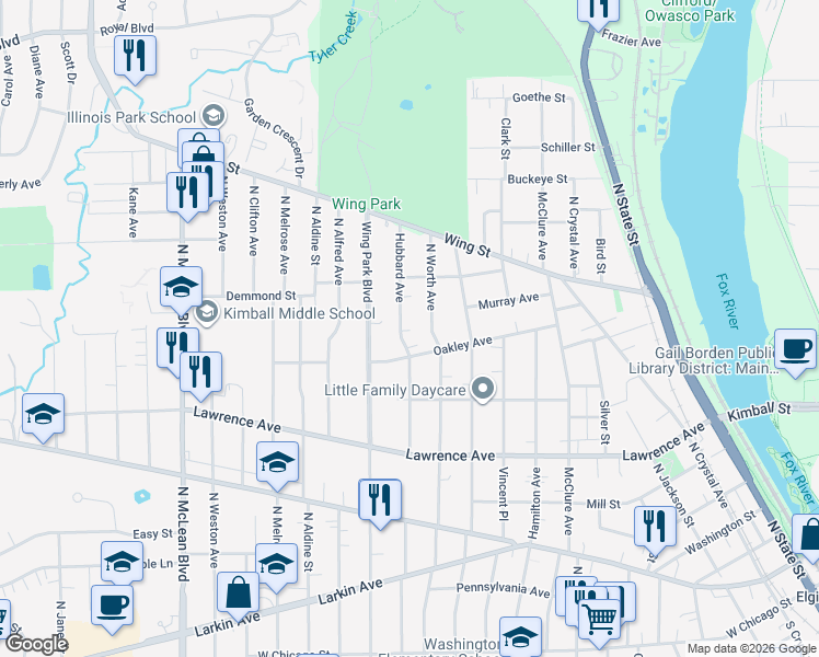 map of restaurants, bars, coffee shops, grocery stores, and more near 1000 Oakley Avenue in Elgin