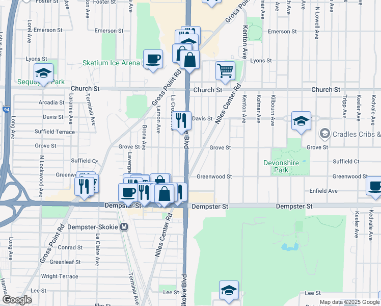 map of restaurants, bars, coffee shops, grocery stores, and more near 8951 Skokie Boulevard in Skokie